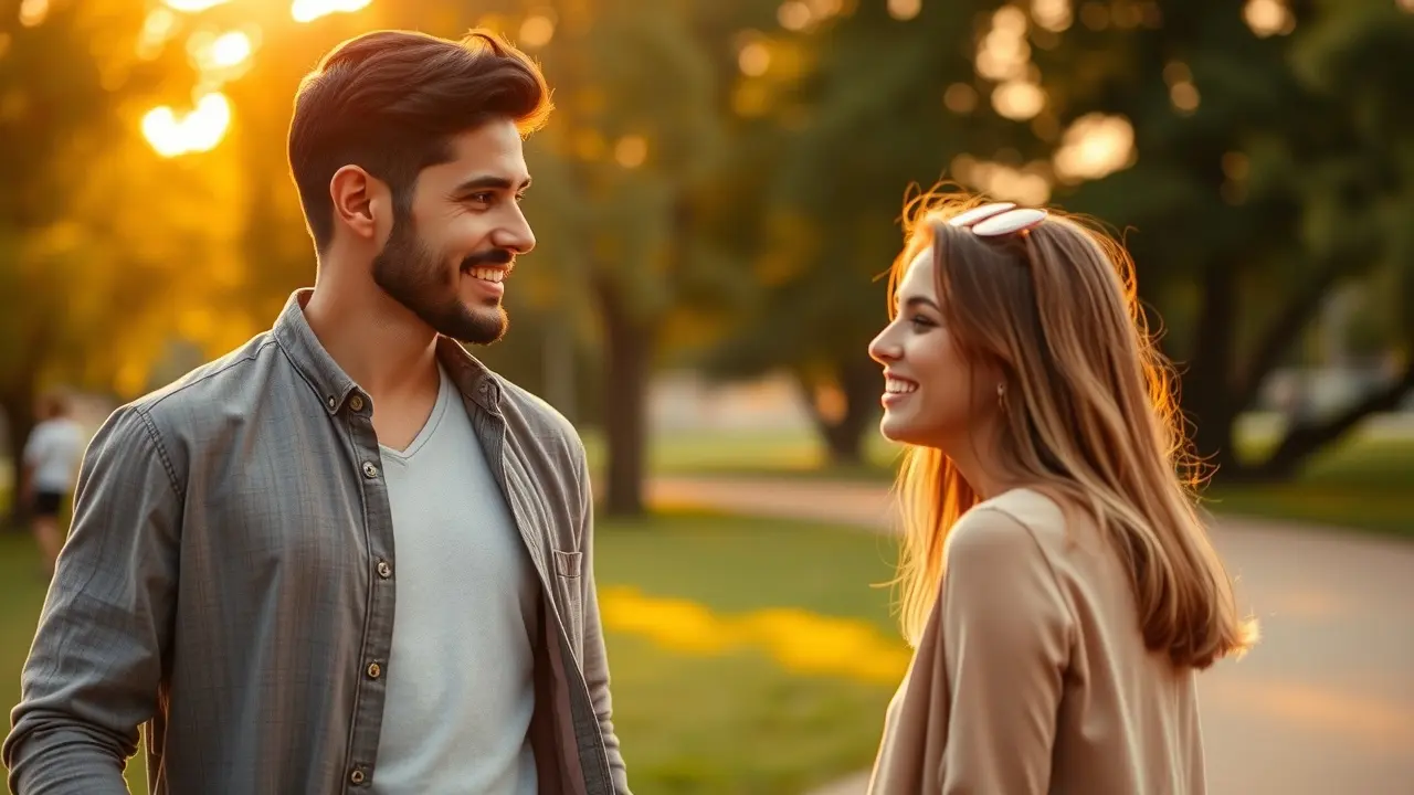 44WORDS Review: Can This Dating Method Help Average Guys Succeed? Confident man approaching a woman in a park.