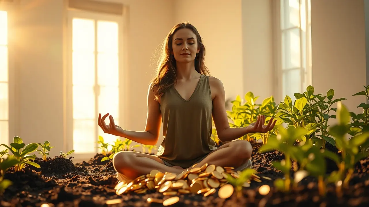 Unlock Abundance: A Deep Dive into 4D Wealth Manifestation Woman meditating surrounded by elements of wealth creation