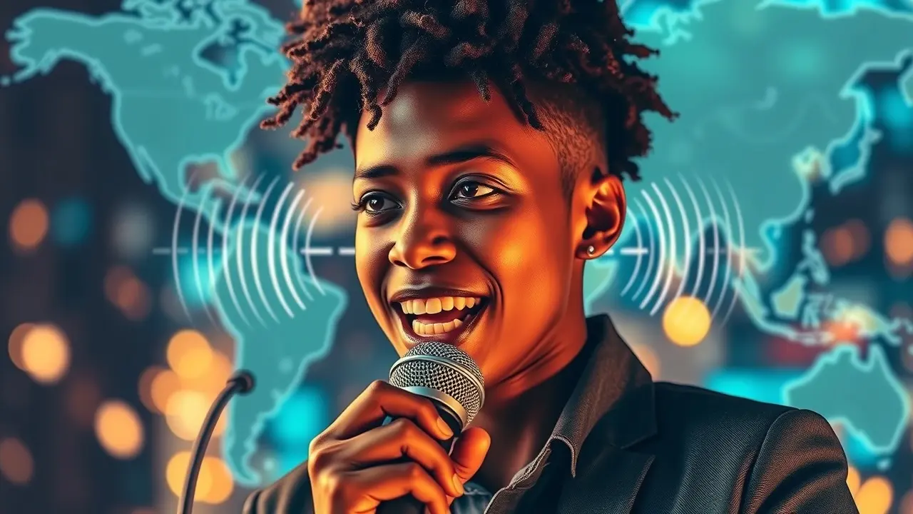 Mastering English Fluency: Is the Accent Reduction Product Right for You? Confident speaker with sound waves representing Accent Reduction / English Fluency