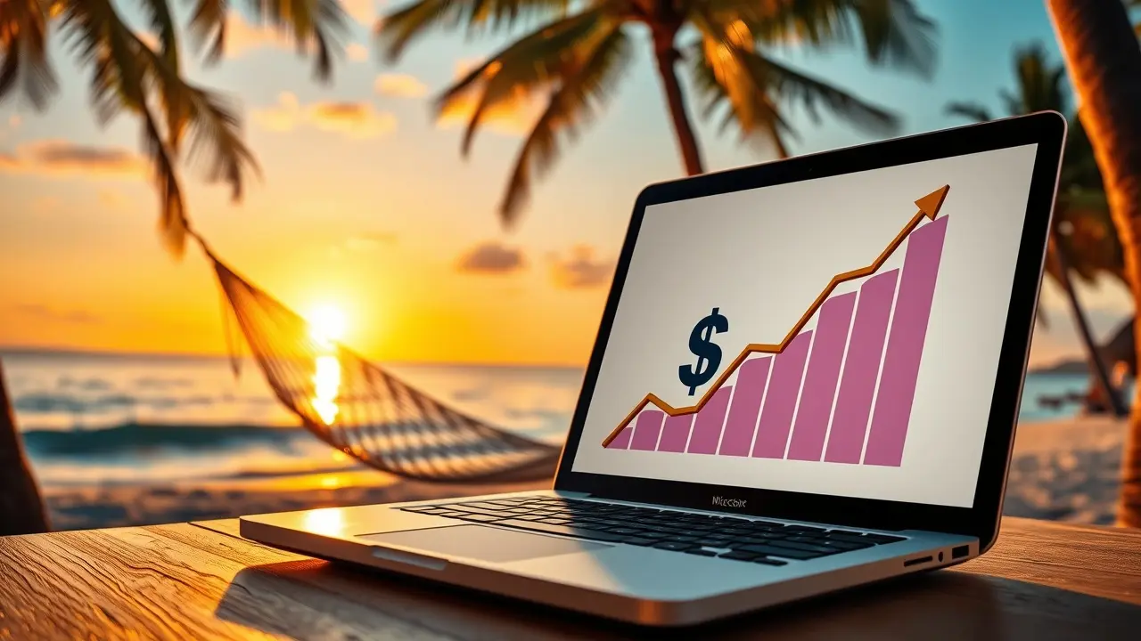 Affiliate Millionaire Review: Can This Course Really Make You Rich? Laptop on a beach with trending graph and dollar symbols representing financial freedom through affiliate marketing.