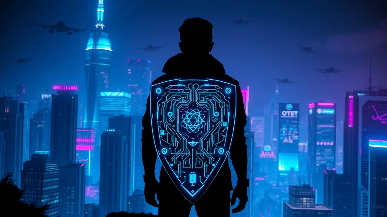 AI Defense Protocol Review: Can It Protect You? Silhouette protecting against futuristic city