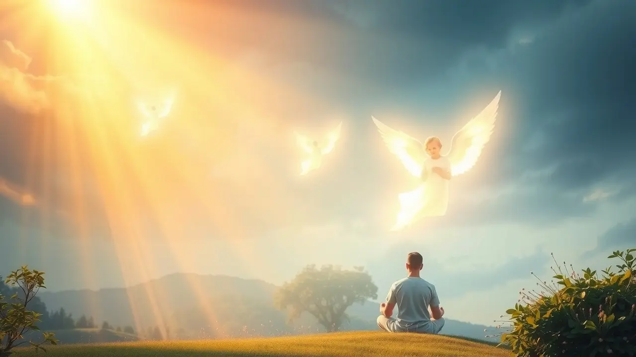 Person meditating in a garden with angels.