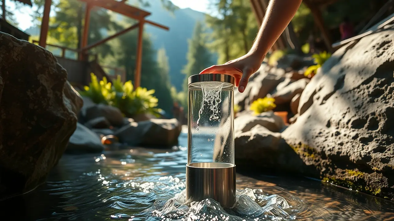 Aqua Tower Review: Is This Portable Water Purification System Worth It? Aqua Tower being filled with water from a stream