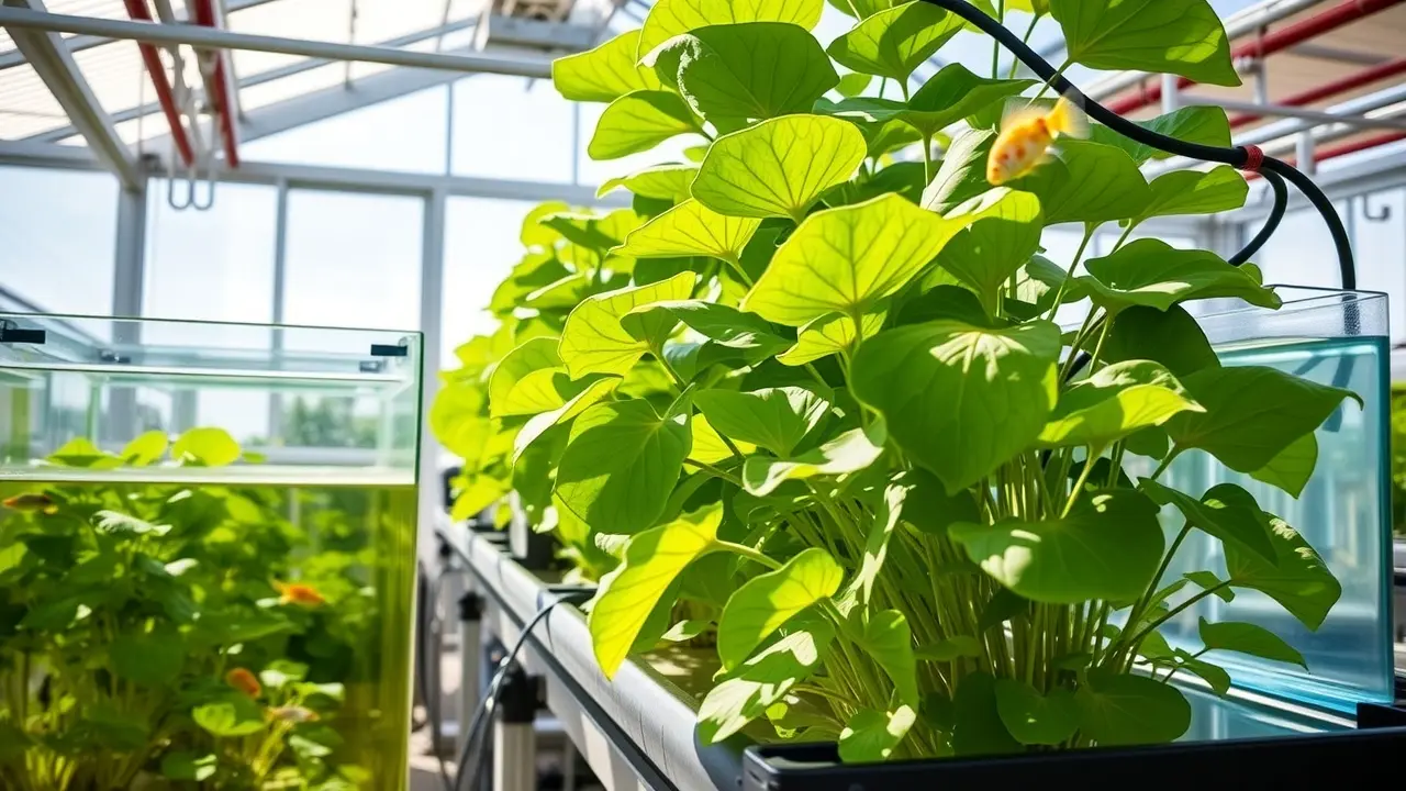 Aquaponics Site Review: Grow Your Own Food Sustainably Thriving aquaponics system with lush plants and healthy fish.