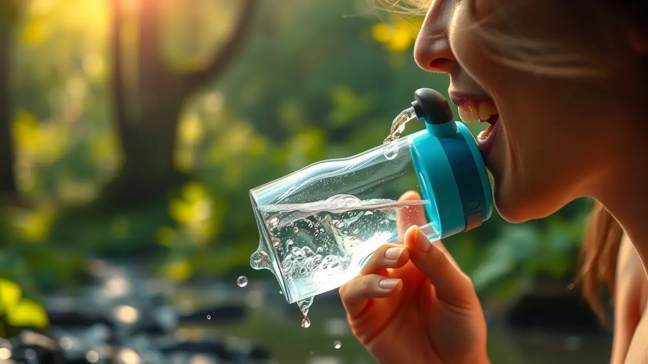 Person uses Aquastiq Personal Water Purification in nature.