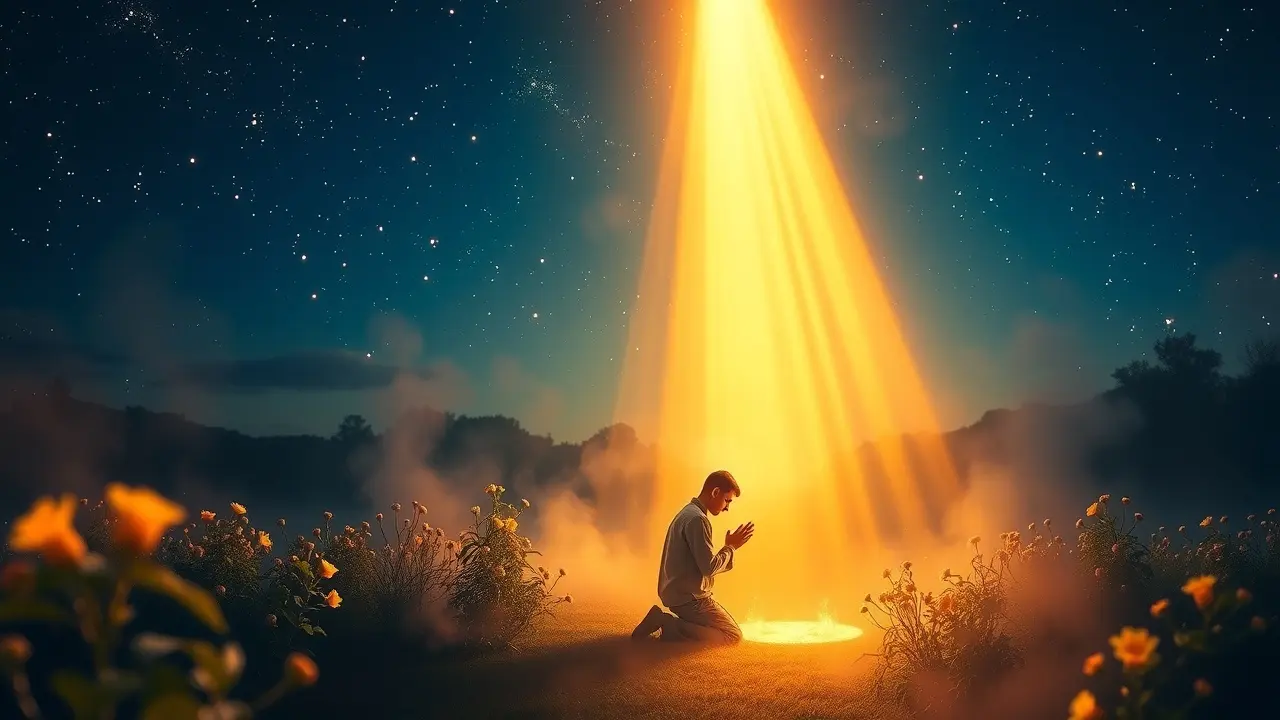 Archangel Prayer: Manifest Your Dreams Faster? (Review) Person kneeling in prayer in a radiant garden