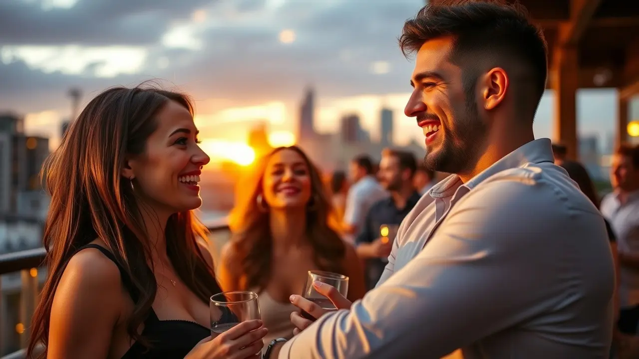 Attract Hotter Women: Does This Dating Guide Really Work? A man engaging in a positive and attractive conversation with a woman during an urban party