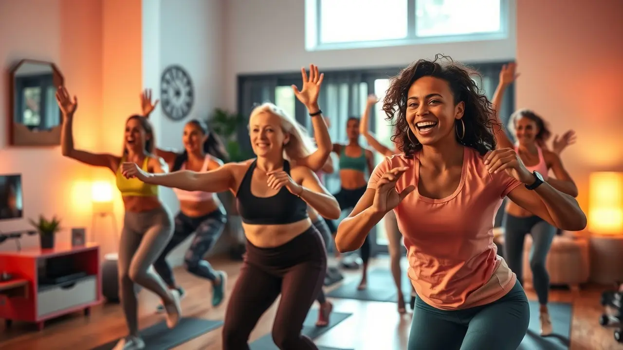 Diverse group of people joyfully exercising at home