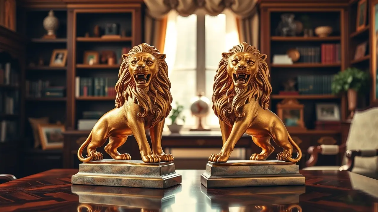 Biowaves Prosperity Stone Lions Review: Unlock Abundance? Biowaves Prosperity Stone Lions on a mahogany table.