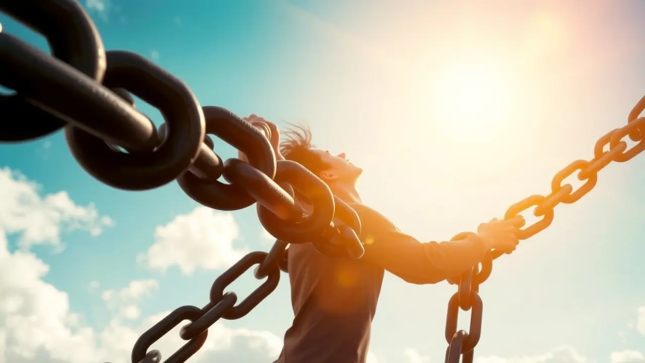Unlock Your Potential with Blockbuster: A Comprehensive Review Person breaking free from chains, ascending to a golden sky