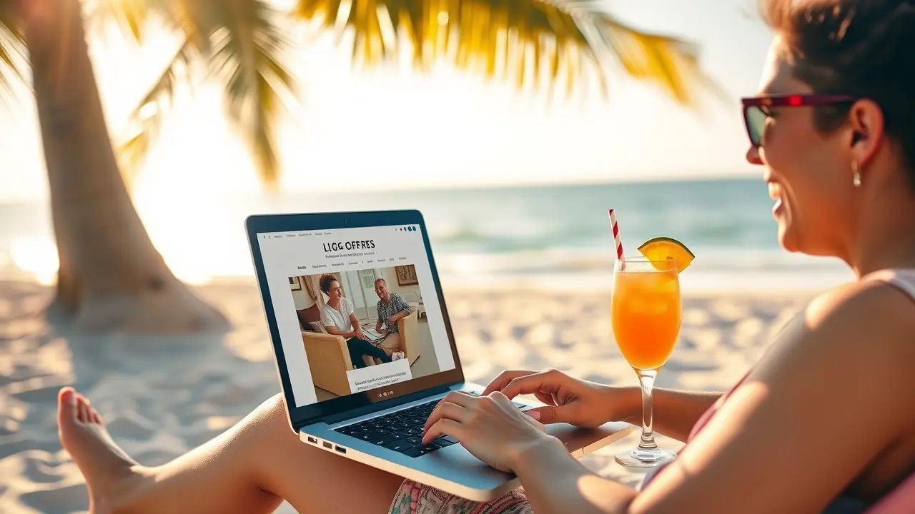 Blog Profit Network Review: Is It a Legitimate System? Person working on a laptop at the beach, showing the Blog Profit Network blog on the screen