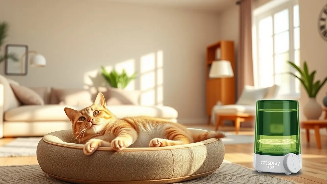 Cat Spray Stop Review: Does It Really Work? Relaxed cat in a clean living room with Cat Spray Stop diffuser