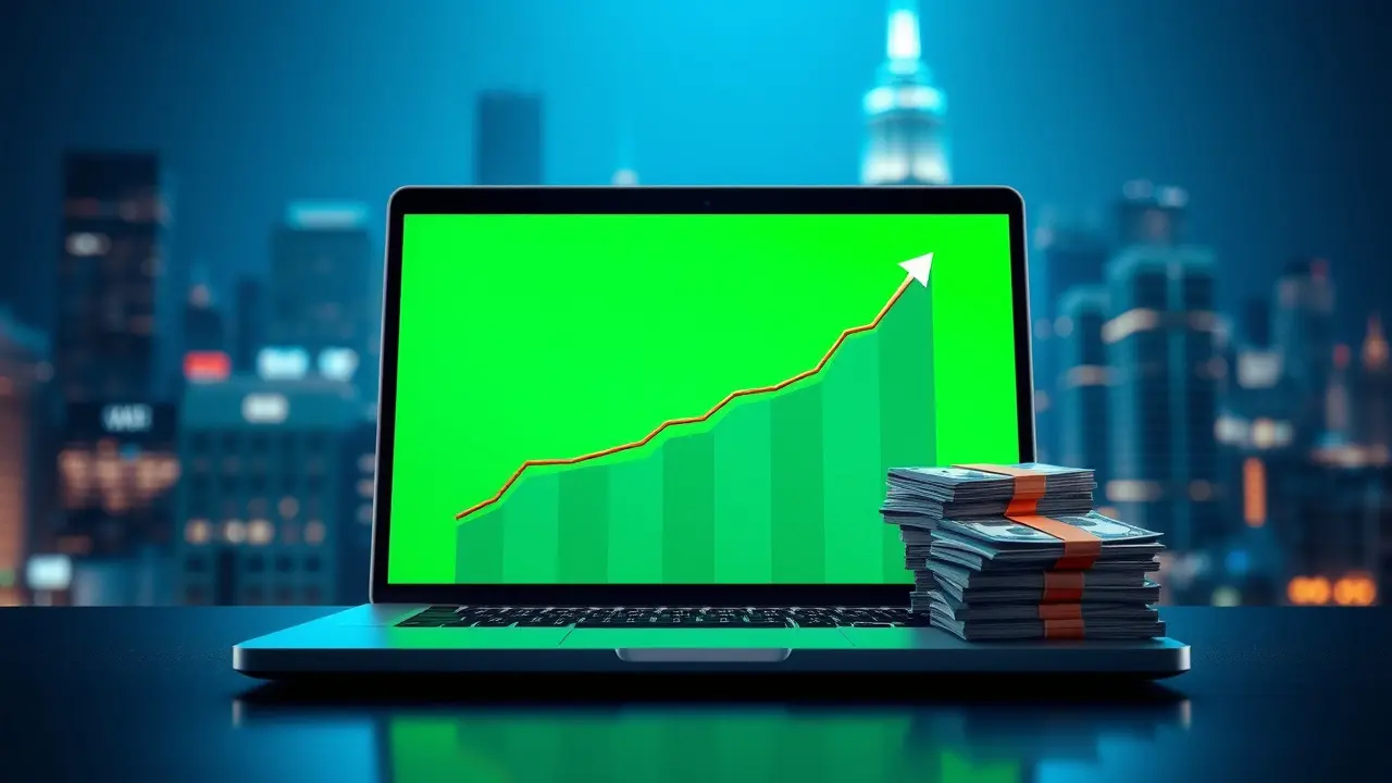 Laptop displaying a profit graph with CB Ad Rotator