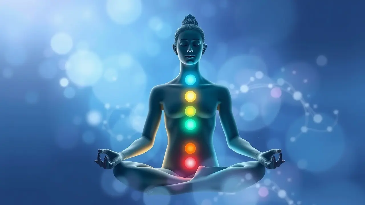 Unlock Your Inner Harmony: A Chakra Balance QUIZ Review Meditative figure with chakra lights