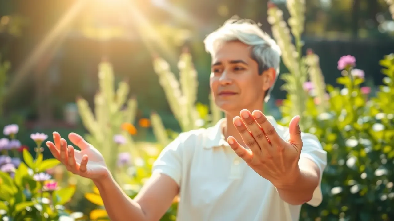 Cure Arthritis Naturally: A Comprehensive Review Gentle hand stretches in a sunny garden, illustrating arthritis relief.