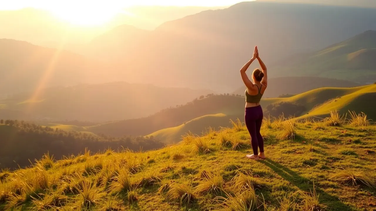 Cure IBS Naturally: A Comprehensive Review of the Blue Heron Guide Woman practicing yoga in a peaceful landscape, representing natural IBS relief.