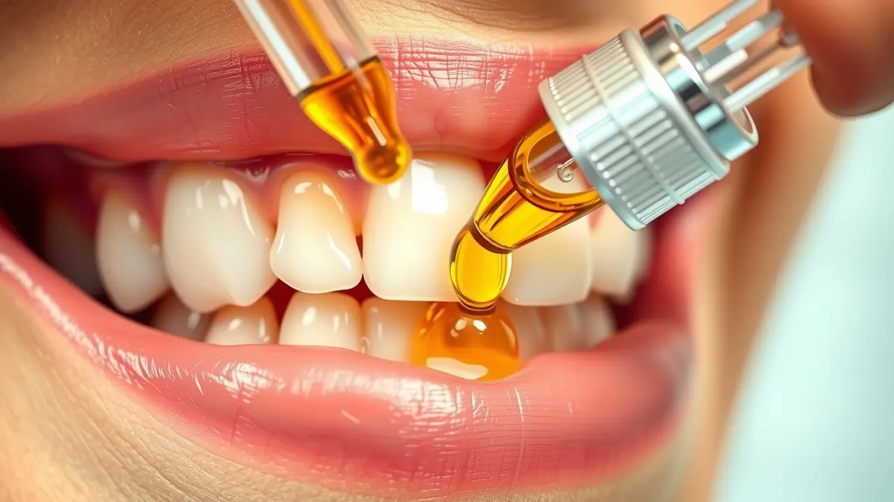 Close-up of Dentitox - Unique Dental Drops being applied to healthy teeth and gums.