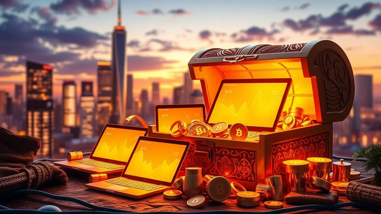 Digital Goldmine Course Review: Uncover Hidden Income Potential Treasure chest filled with golden laptops representing digital wealth