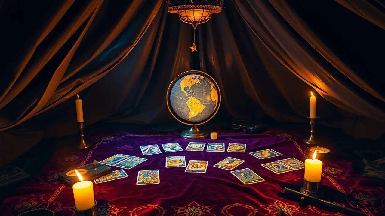 Discover Your Fortune Reading: A Detailed Review Mystical fortune teller's tent with tarot cards and celestial globe