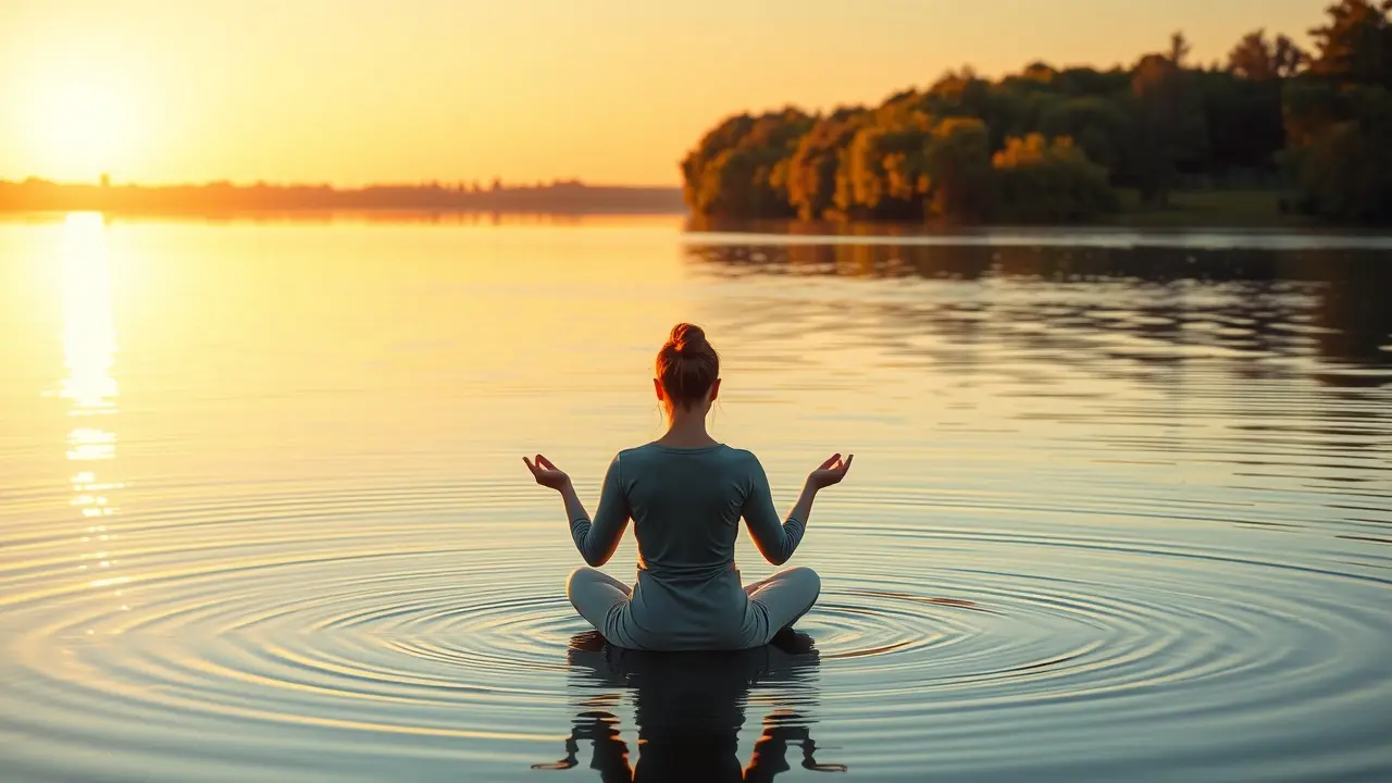 Meditating by a serene lake at sunset.