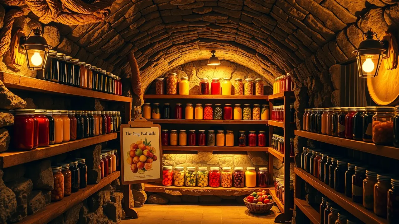 Easy Cellar Review: Is This Survival Guide Worth It? A well-stocked underground root cellar with jars of preserved food.