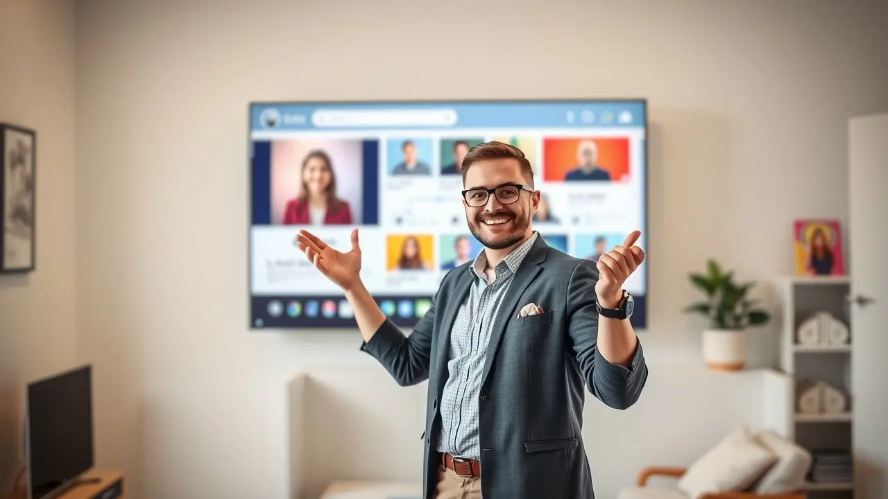 Easy Webinar Review: Is It the Right Webinar Platform for You? Person presenting an Easy Webinar from a modern home office