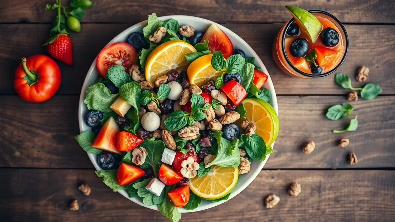 Eating Love Membership: Is It the Key to a Lifetime of Delicious Freedom? A colorful and healthy salad displayed on a wooden table next to a fruit and vegetable smoothie