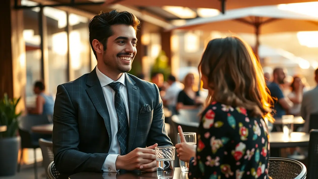 El Scrambler en Español: Reseña Completa y Opiniones Reales Hombre latino confiado conversando con una mujer en un café.