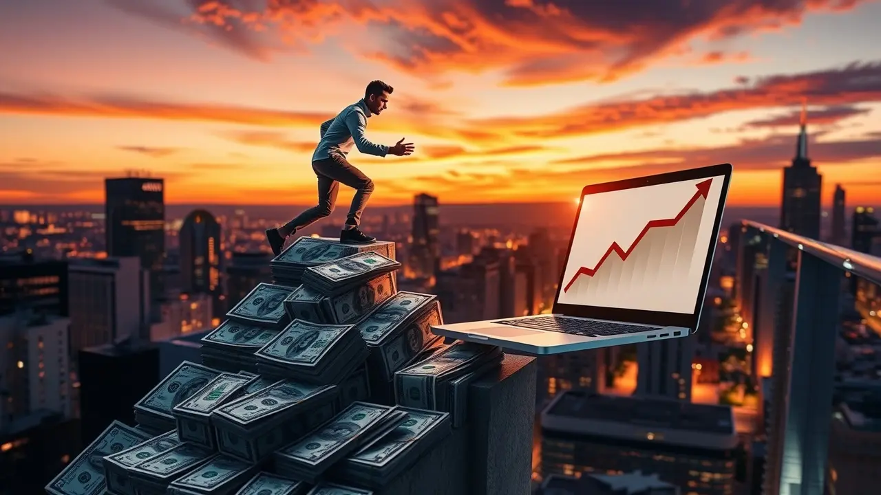Evolution: The Ultimate Affiliate Marketing System? Person climbing dollar bill staircase to success with Evolution affiliate marketing course