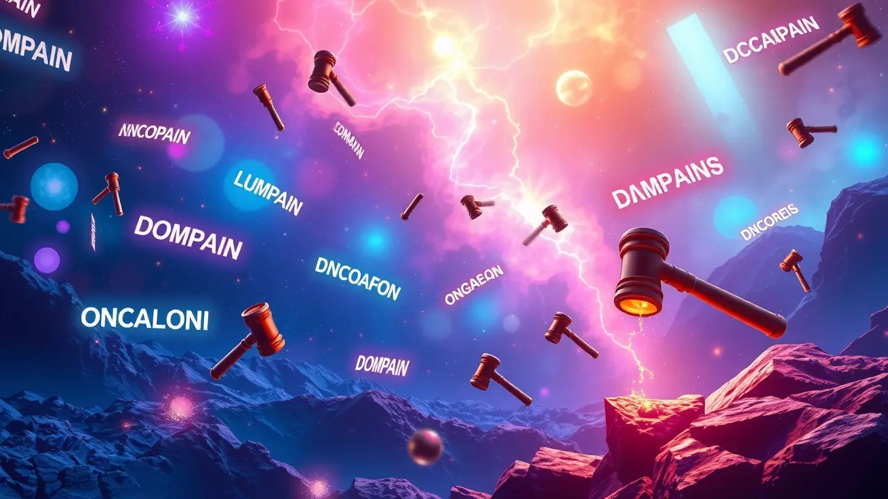 FreshDrop Review: Is It the Best Domain Name Finder? Abstract view of domain names floating in a cosmic sky with auction hammer
