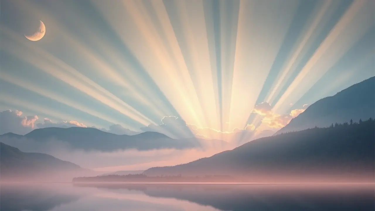 God’s Embrace: Unveiling the Path to Spiritual Fulfillment Landscape at dawn with sunlight breaking through clouds, symbolizing hope and spiritual connection