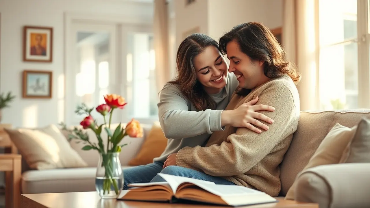 Grandma’s Subtle Secrets Review: Can This Program Save Your Marriage? Happy couple embracing in a cozy living room, representing a successful marriage.