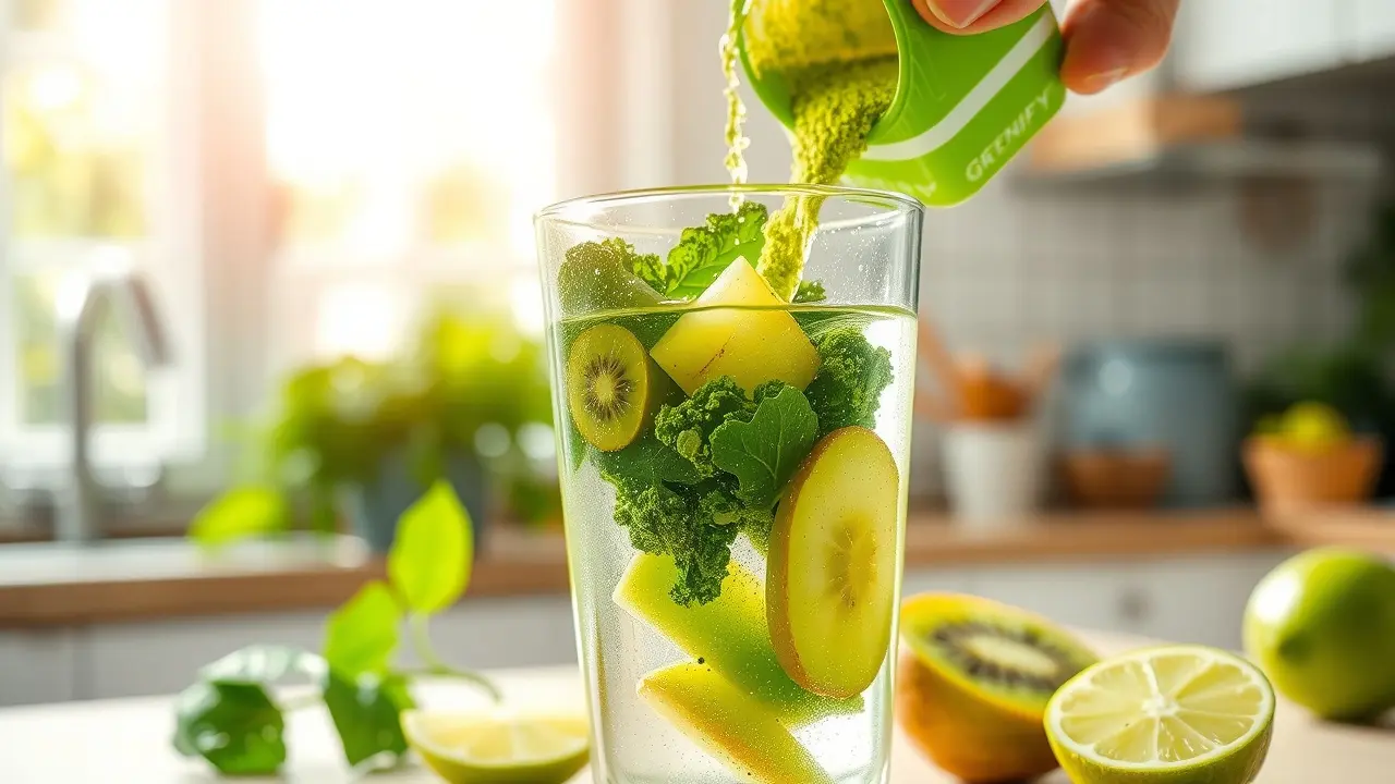 Greenify Review: Does This Green Juice Powder Really Work? Greenify green juice powder mixed in water with fruits and vegetables.