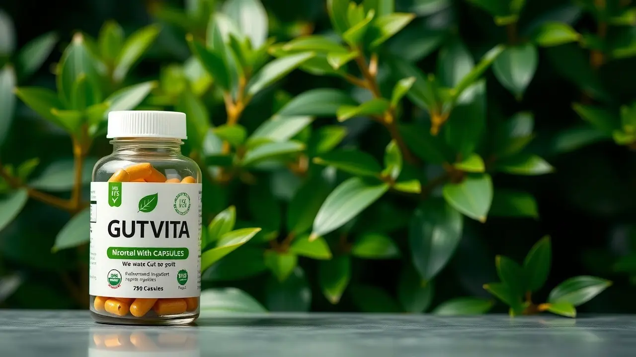 Gut Vita Review: Can This Supplement Really Improve Your Gut Health? Gut Vita bottle with green foliage backdrop