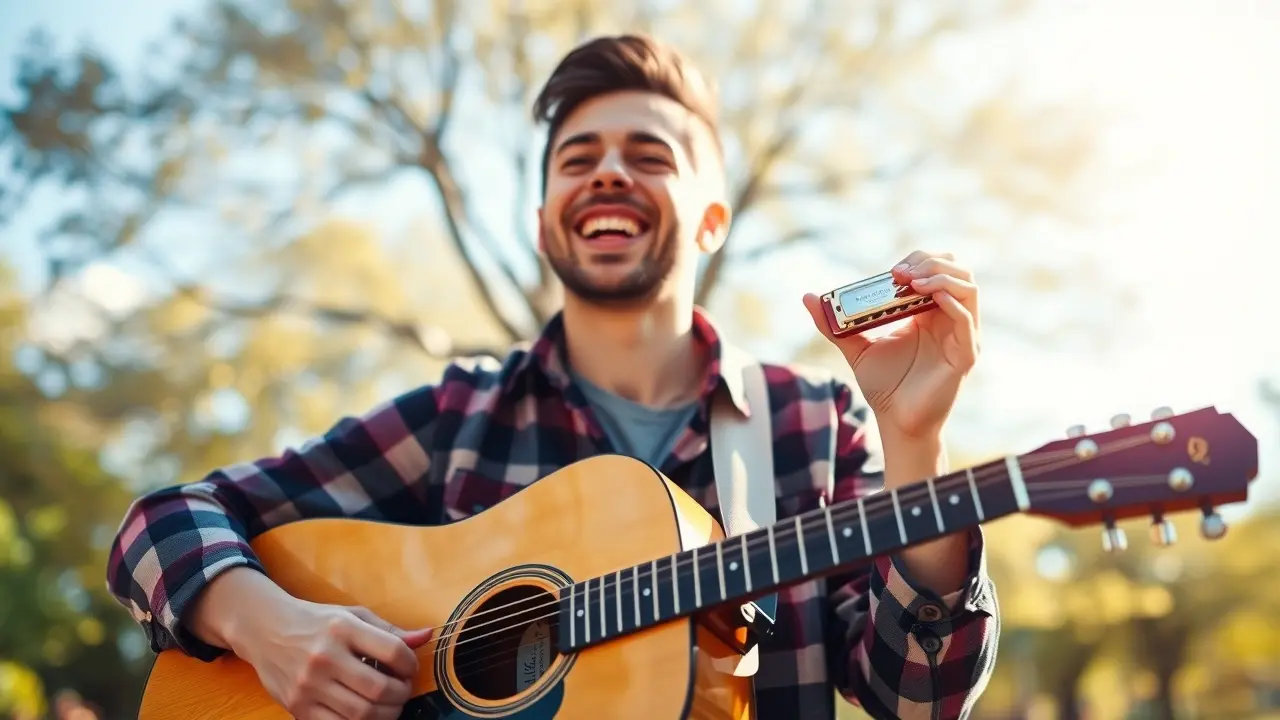Person playing guitar and harmonica