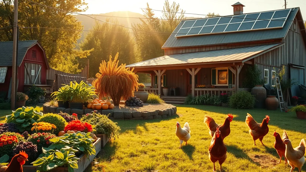 Homesteading for Preppers: A Comprehensive Guide to Self-Sufficiency Thriving homestead garden with chickens and solar panels