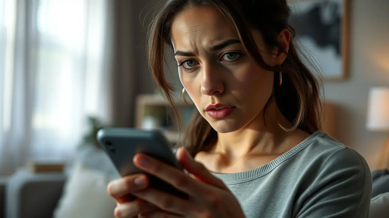 How To Catch A Cheating Partner: Is It Possible? Woman Examining Phone with Concern