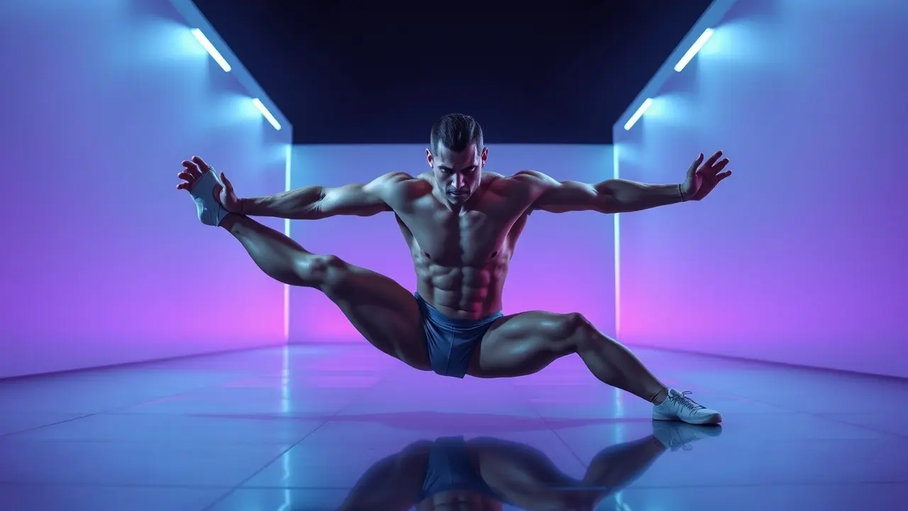 Person demonstrating perfect splits in a futuristic setting