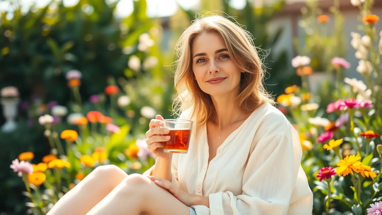 Infecciones por Hongos No Mas Review: Is This Holistic Cure Right For You? Woman enjoying herbal tea in garden, yeast infection relief concept
