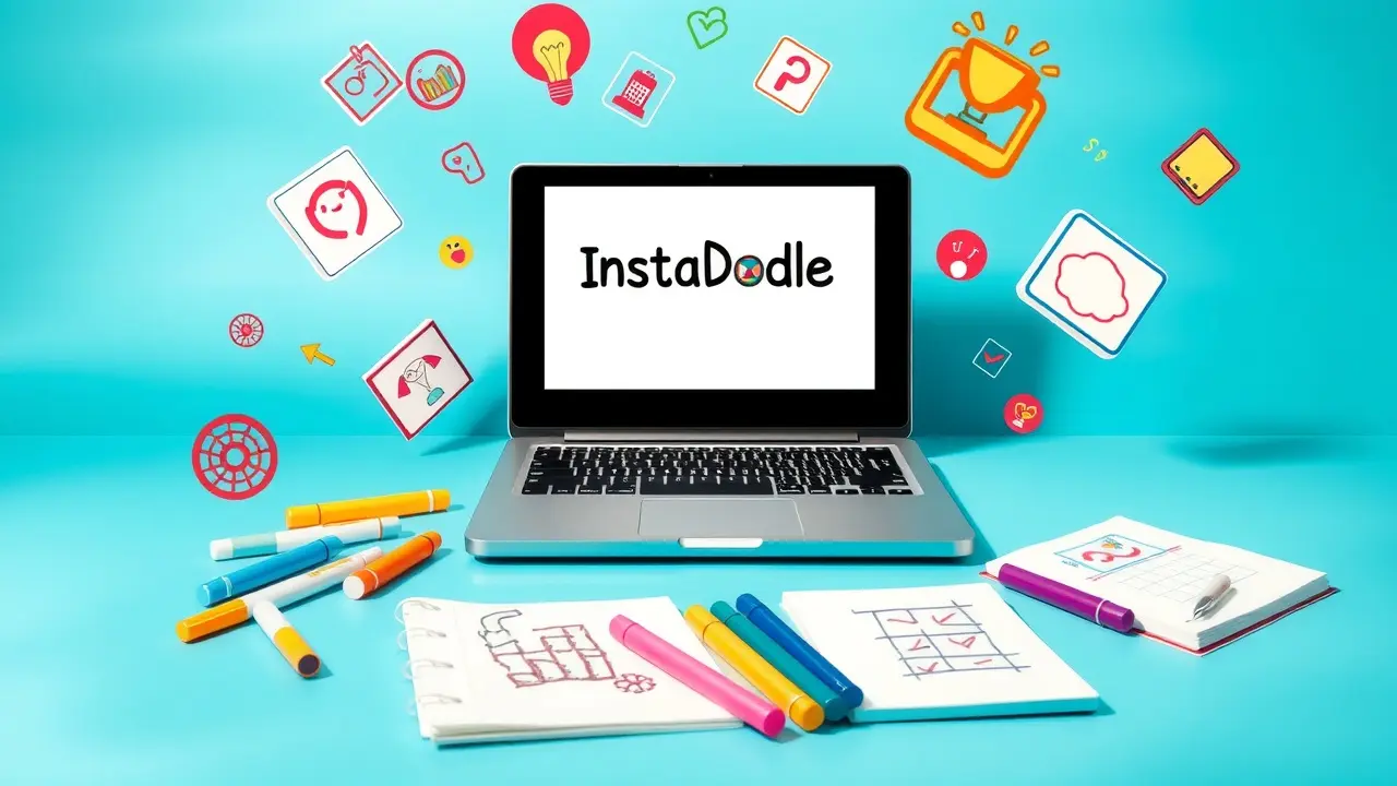 InstaDoodle Review: Create Stunning Whiteboard Animations Easily? InstaDoodle software interface displaying animated doodle elements, including people and vector graphics, on a laptop.