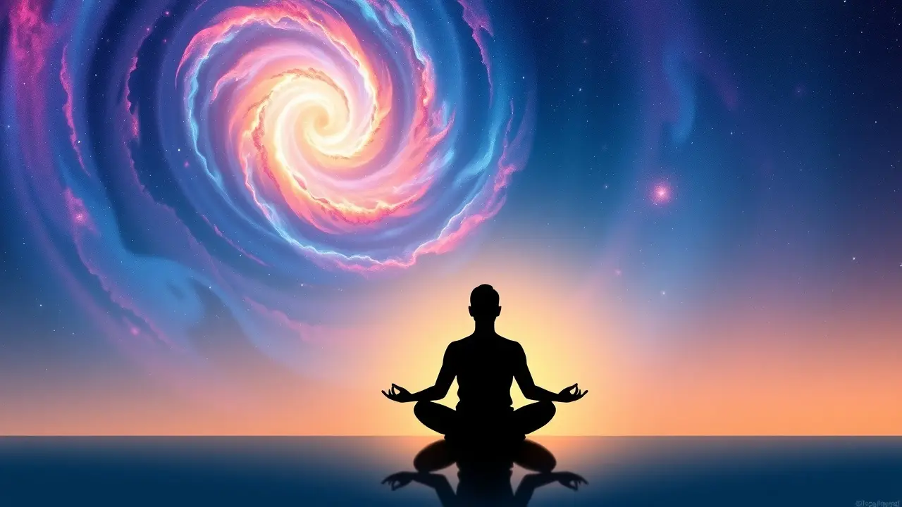 Journey of the Soul Review: Unlocking Your Inner Potential? Meditating person in front of galactic background representing inner peace