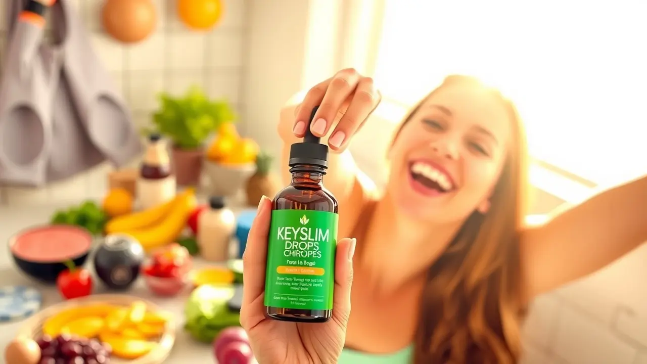 KEYSLIM DROPS Review: Does Drip & Drop Weight Loss Really Work? KeySlim Drops surrounded by healthy lifestyle elements