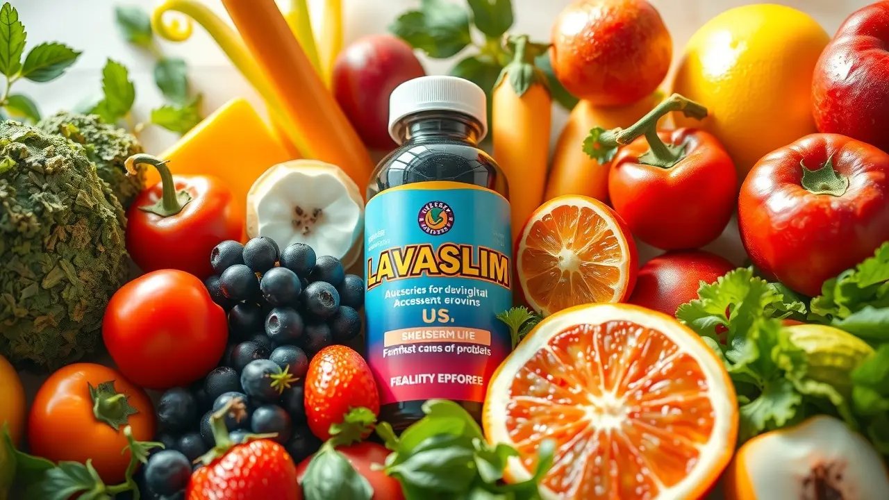 LAVASLIM US Review: Does This Dietary Supplement Really Work? LAVASLIM US surrounded by healthy foods