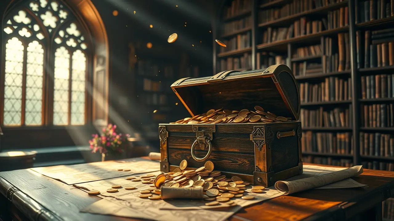 Unlock Your Potential: A Deep Dive into Laws of Wealth Treasure chest overflowing with gold coins in a library