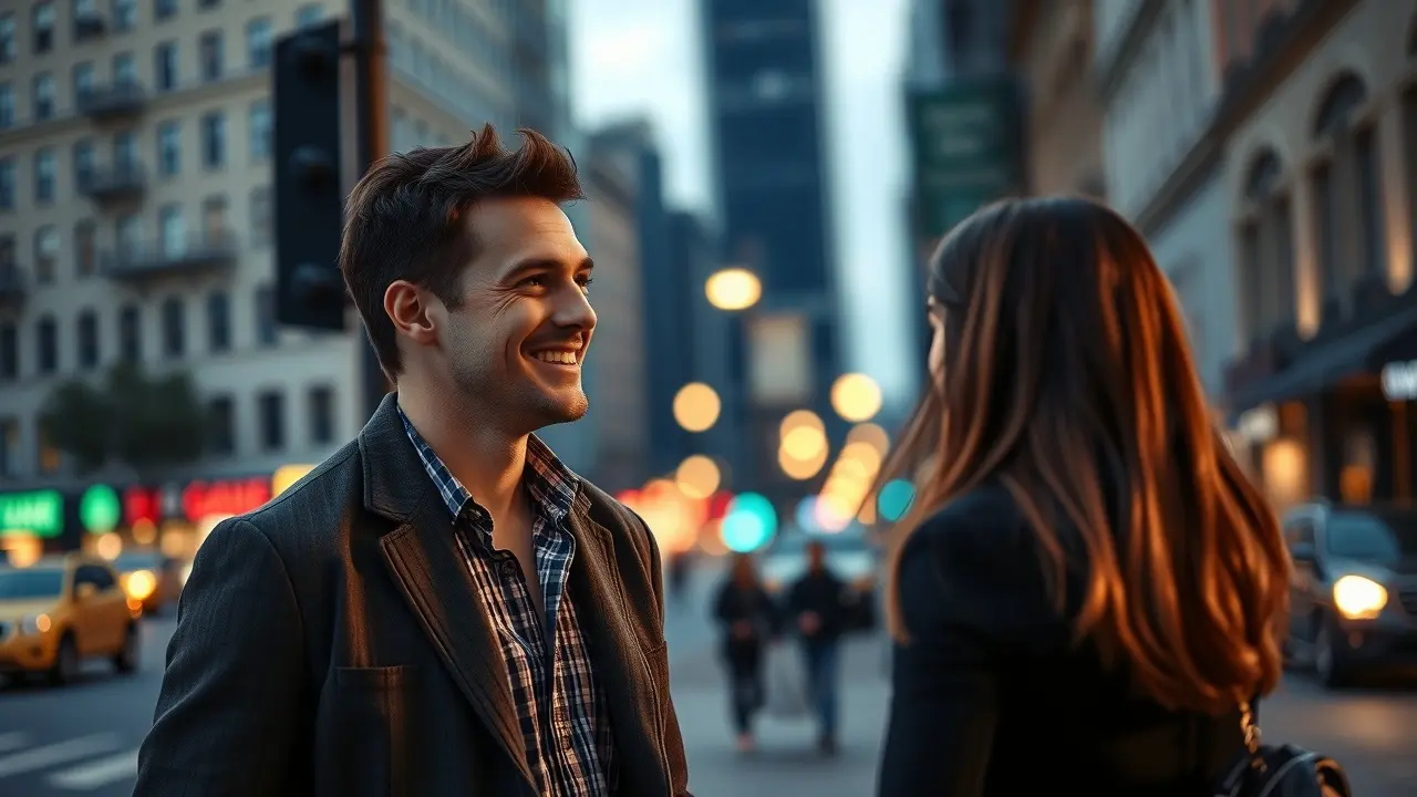 Learn To Flirt with Women – The Flirt Formula: Does It Really Work? Man flirting with a woman on a city street corner