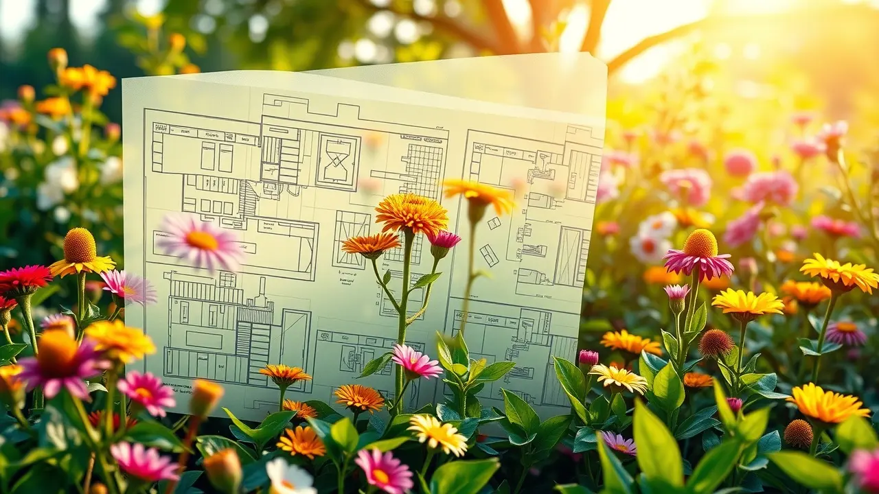 Life By Design Review: Is This the Key to Your Dream Life? Blueprints overlaid on a thriving garden, representing planning a fulfilling life.