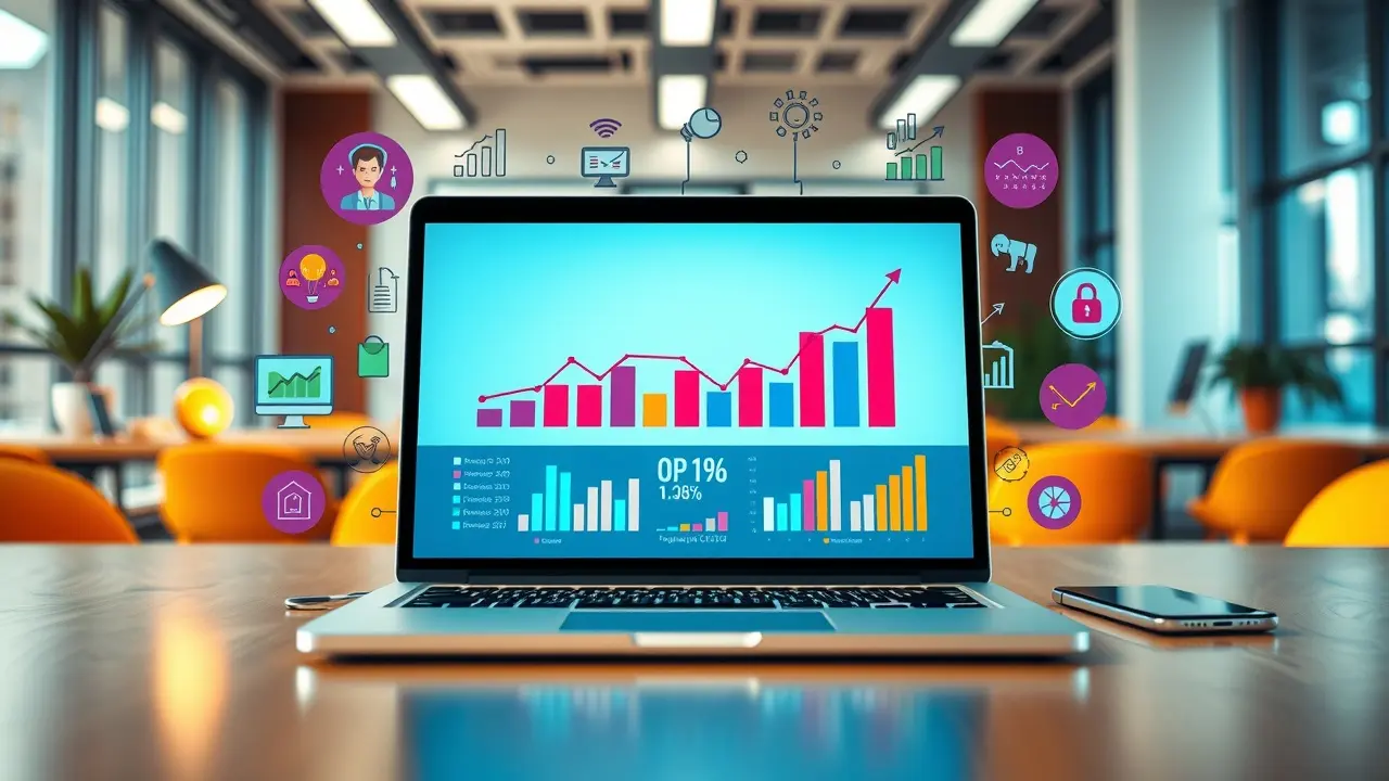 Live Marketing HQ Review: Unlock Your Affiliate Marketing Potential Laptop Screen Showing Upward Trending Charts and Marketing Icons