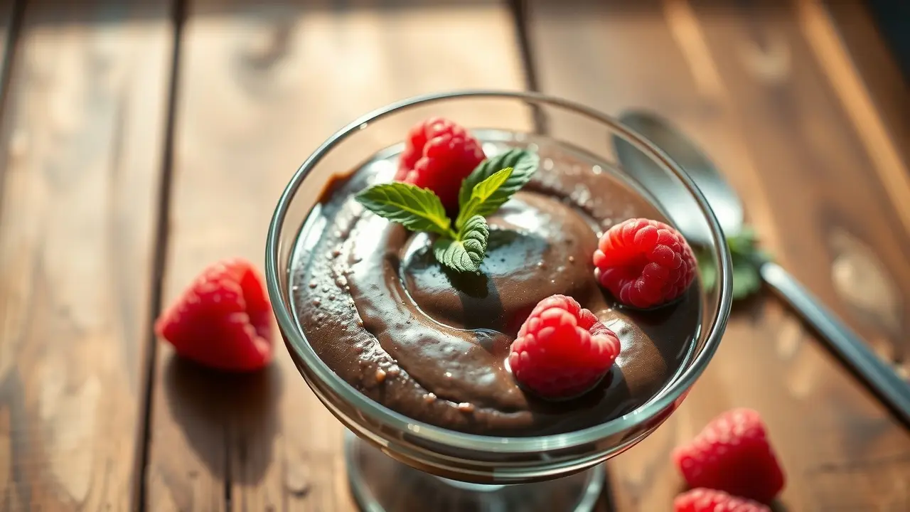 Living Healthy With Chocolate: Guilt-Free Dessert Recipes Reviewed Chocolate avocado mousse topped with raspberries and mint