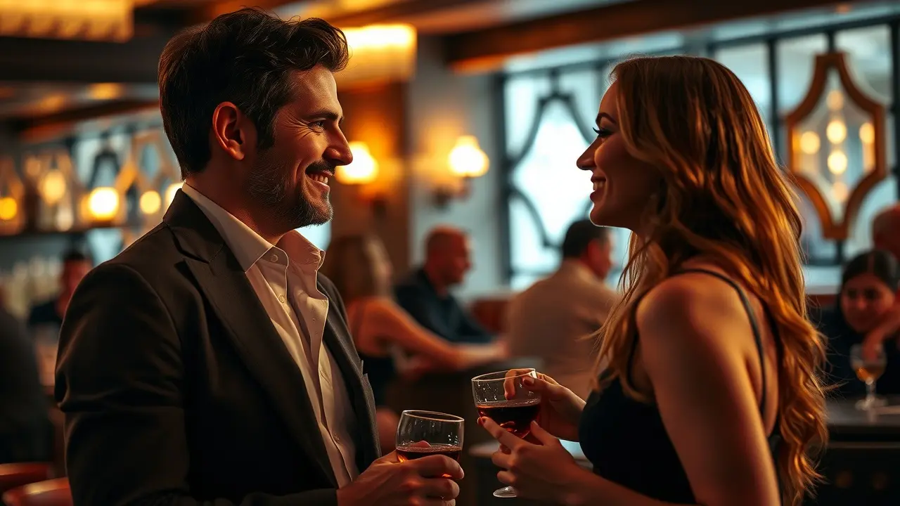 Make Small Talk Sexy: Unlock Your Conversational Confidence Man confidently talking to a woman in a bar setting.