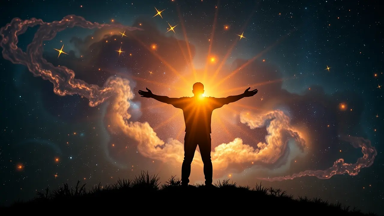Manifestation Magic v2.0 Review: Unlock Your Potential? Image representing Manifestation Magic v2.0 with a figure under a starlit sky emanating golden energy.